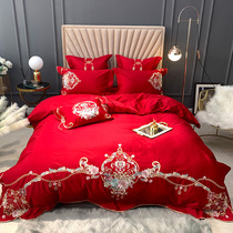 Big red bed four-piece cotton European embroidery knots wedding 60 double-strand long-staple cotton cotton cotton sheets quilt cover