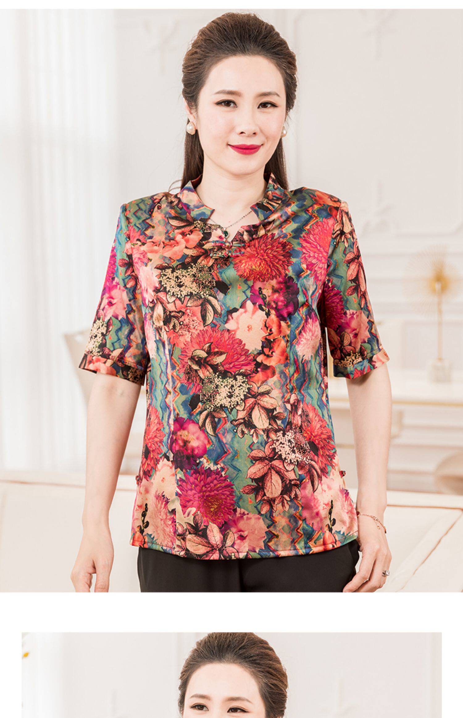 依布中老年女装桑蚕丝上衣春夏妈妈真丝上衣七分袖阔太太衬衫高贵