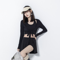 2022 new popular swimsuit womens summer split high-end sense conservative and slimming cover belly gathered long-sleeved sports swimwear