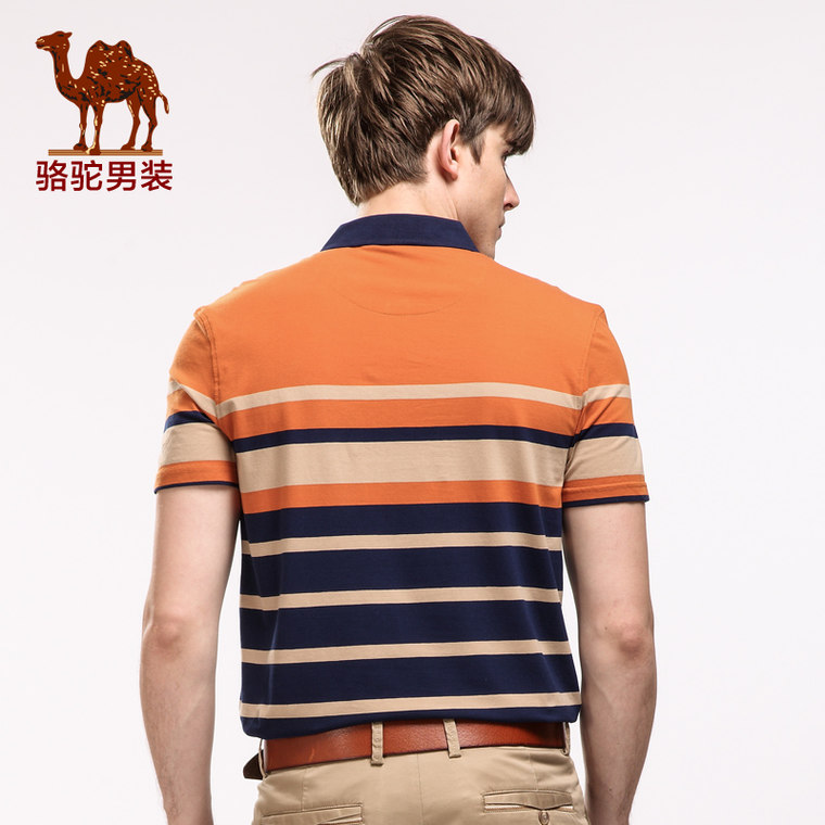骆驼男装 2015夏季新款上新 夏季男士日常休闲短袖衬衫领条纹T恤