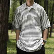 LR MADE20SS Japanese simple retro casual loose heavy weight cotton stitching stripe lapel lapel short sleeve polo shirt