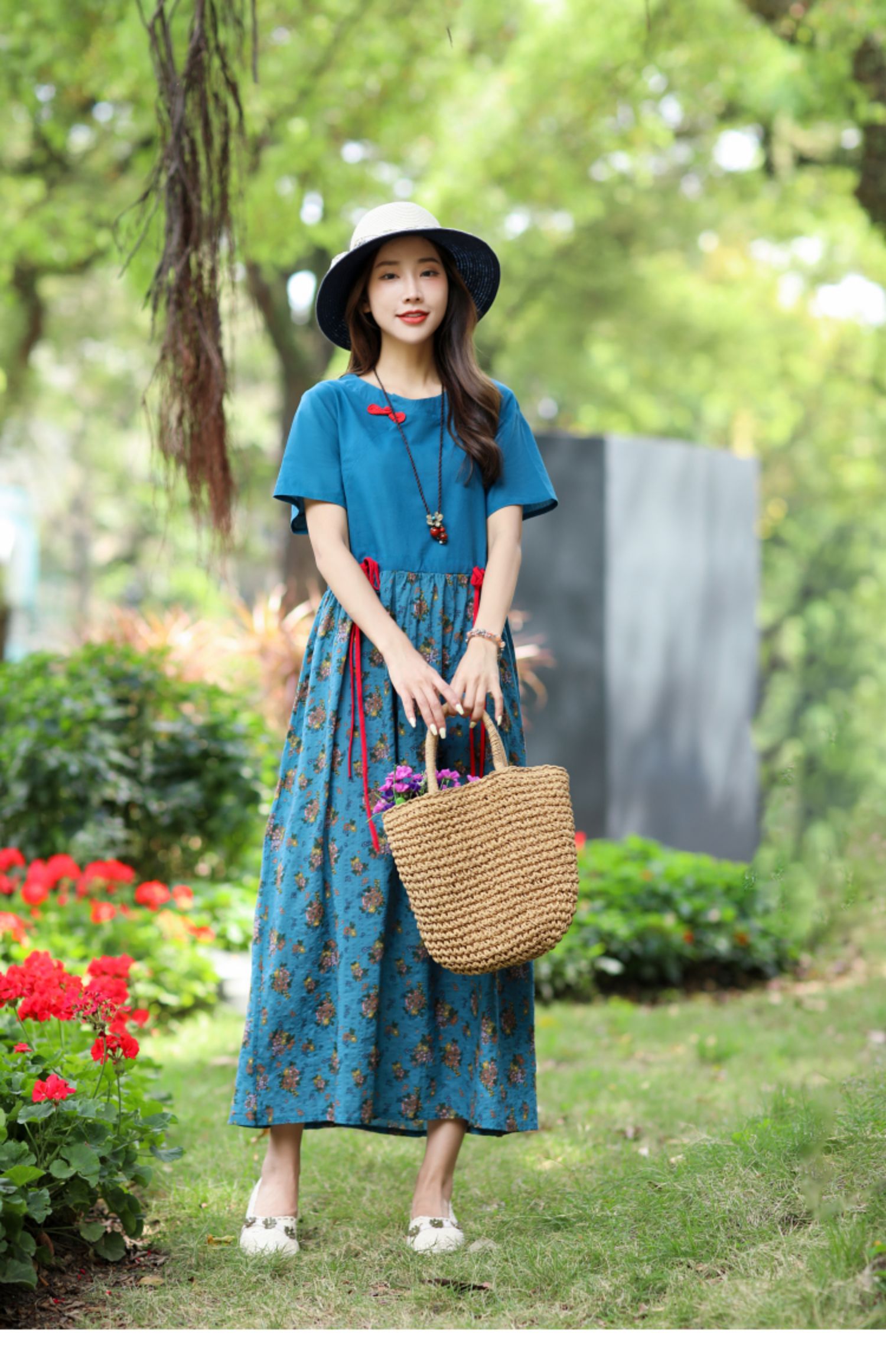 实拍9909文艺棉麻连衣裙女气质短袖长裙拼接大码碎花初恋裙 - 17网