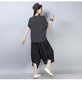 Stripe thin cotton and hemp suit large women’s bat sleeve T-shirt two-piece pants