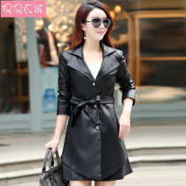 2022 autumn new slim suit women's suit collar leather jacket women's mid-length leather trench coat plus size leather jacket coat