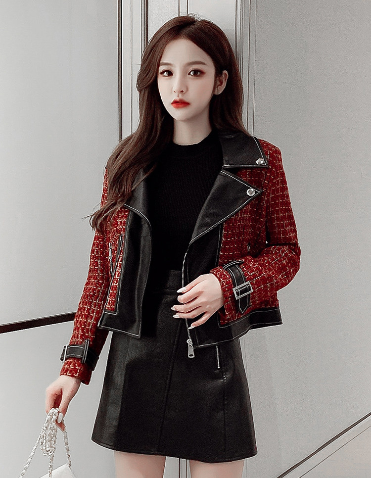 实拍炸街皮衣网红洋气港味花毛呢短外套小香机车西服装杰克上衣女-伊