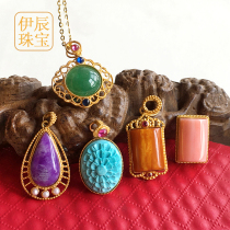 Yichen jewelry live 18K gold pendant original design multi treasure Jade hand inlaid gold accessories first jewelry