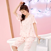 Pajamas womens summer cotton silk short-sleeved two-piece set sweet Korean version of thin artificial cotton set cotton home clothes