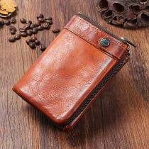 Handmade Bull Leather Mens Wallet Retro Made of Old Vertical Buckle Zip Zero Wallet Short multi-position Genuine Leather Wallet