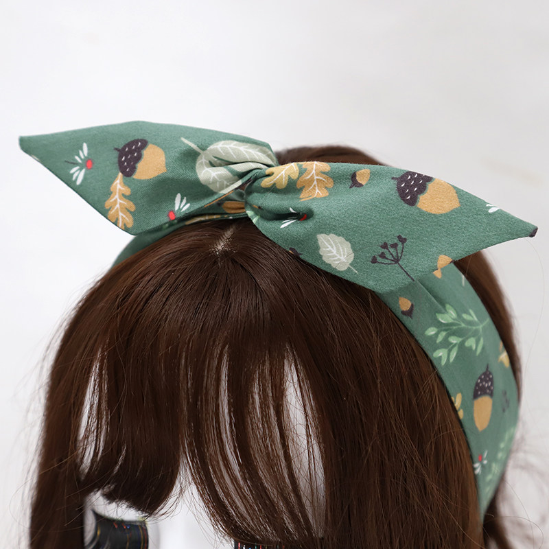 手工松果碎花发带女绑发绿色日系小清新发饰兔耳朵外出蝴蝶结发箍