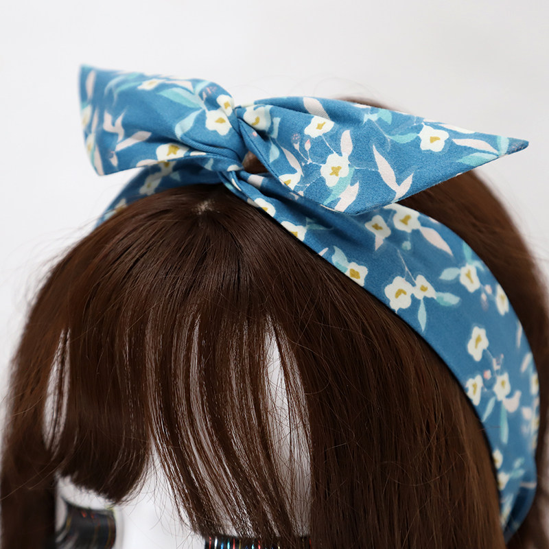 手工松果碎花发带女绑发绿色日系小清新发饰兔耳朵外出蝴蝶结发箍