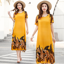 Bohemia cotton silk beach dress 2020 new ethnic style round neck cotton silk print large size dress female summer