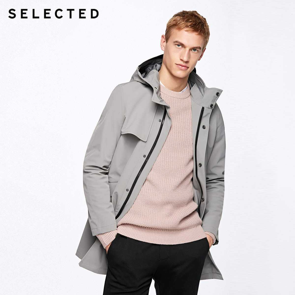 selected 思莱德 418121516 男士防水连帽中长款风衣