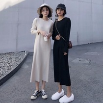 Spring and autumn 2021 new Korean version loose thin sweater skirt black base long skirt long sleeve knitted dress female