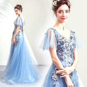 Wedding Dress Mist Blue Flowers Celebrity Party Annual Party  