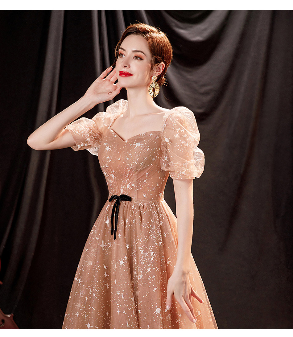 金色泡泡袖新娘结婚敬酒服宴会年会走秀婚纱晚礼服17