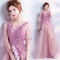 Angel wedding dress pink bride long sleeve wedding toast dinner party annual performance wedding dress wholesale 192