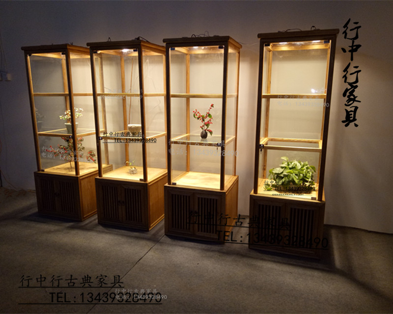 新中式实木玻璃柜精品展示柜射灯玄关柜架免漆老榆木展柜玻璃门锁