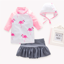 Korean childrens swimsuit female cute ins Flamingo girl long sleeve split sunscreen baby swimming swimsuit middle child