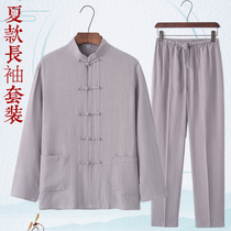 Chinese style tang men's summer thin long sleeve linen set middle-aged and elderly dad clothes Chinese style clothes Buddhist zen