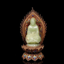 Ancient jade Old Jade Collection Late Qing Hetian Jade Topaz Pharmacist Statue Pharmacist Buddha ornaments Silver Filigree baked Blue Lotus base
