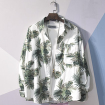 ulzzang Hawaii wind leaf flower shirt Port wind chic couple beach vacation long-sleeved shirt mens Korean version