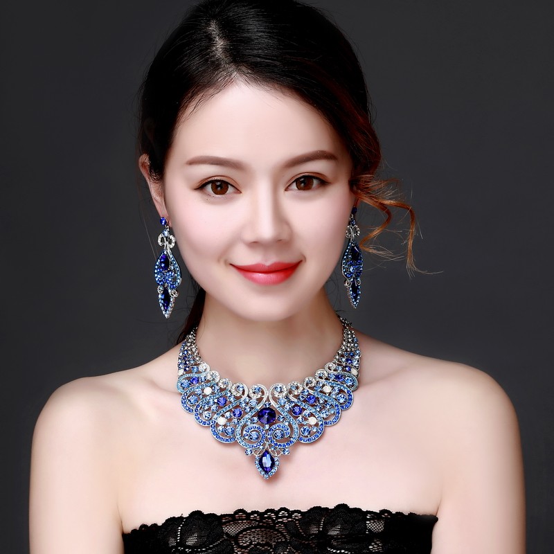 欧美奢华水钻宝石短锁骨项链耳环套装夸张高端礼服晚宴女时尚配饰