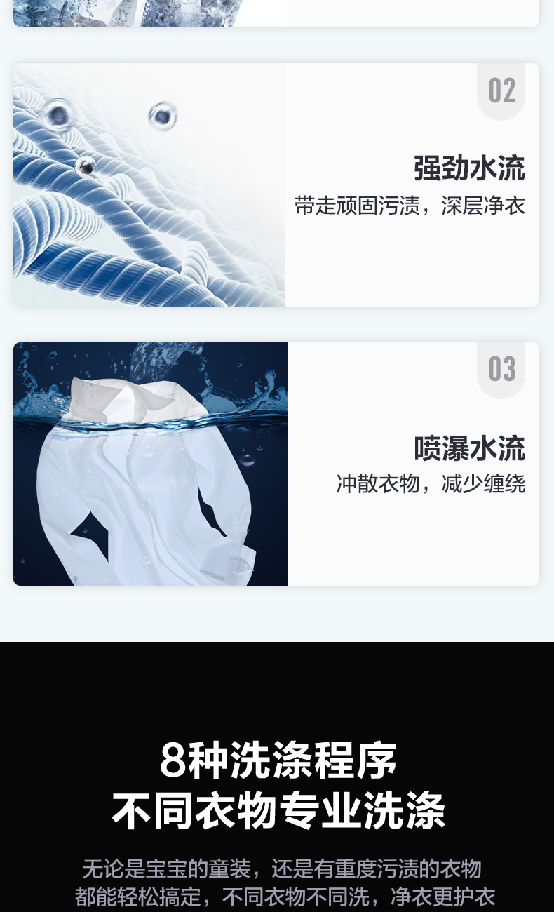 强劲水流带走顽固污渍,深层净衣03喷瀑水流冲散衣物,减少缠绕8种洗涤程序不同衣物专业洗涤无论是宝宝的童装,还是有重度污渍的衣物都能轻松搞定,不同衣物不同洗,净衣更护衣-推好价 | 品质生活 精选好价