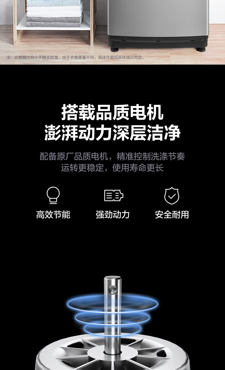 注:此数据出自小天鹅实验室,由于衣物重量不同,具体件数视具体情况而定。搭载品质电机澎湃动力深层洁净配备原厂品质电机,精准控制洗涤节奏运转更稳定,使用寿命更长高效节能强劲动力安全耐用-推好价 | 品质生活 精选好价
