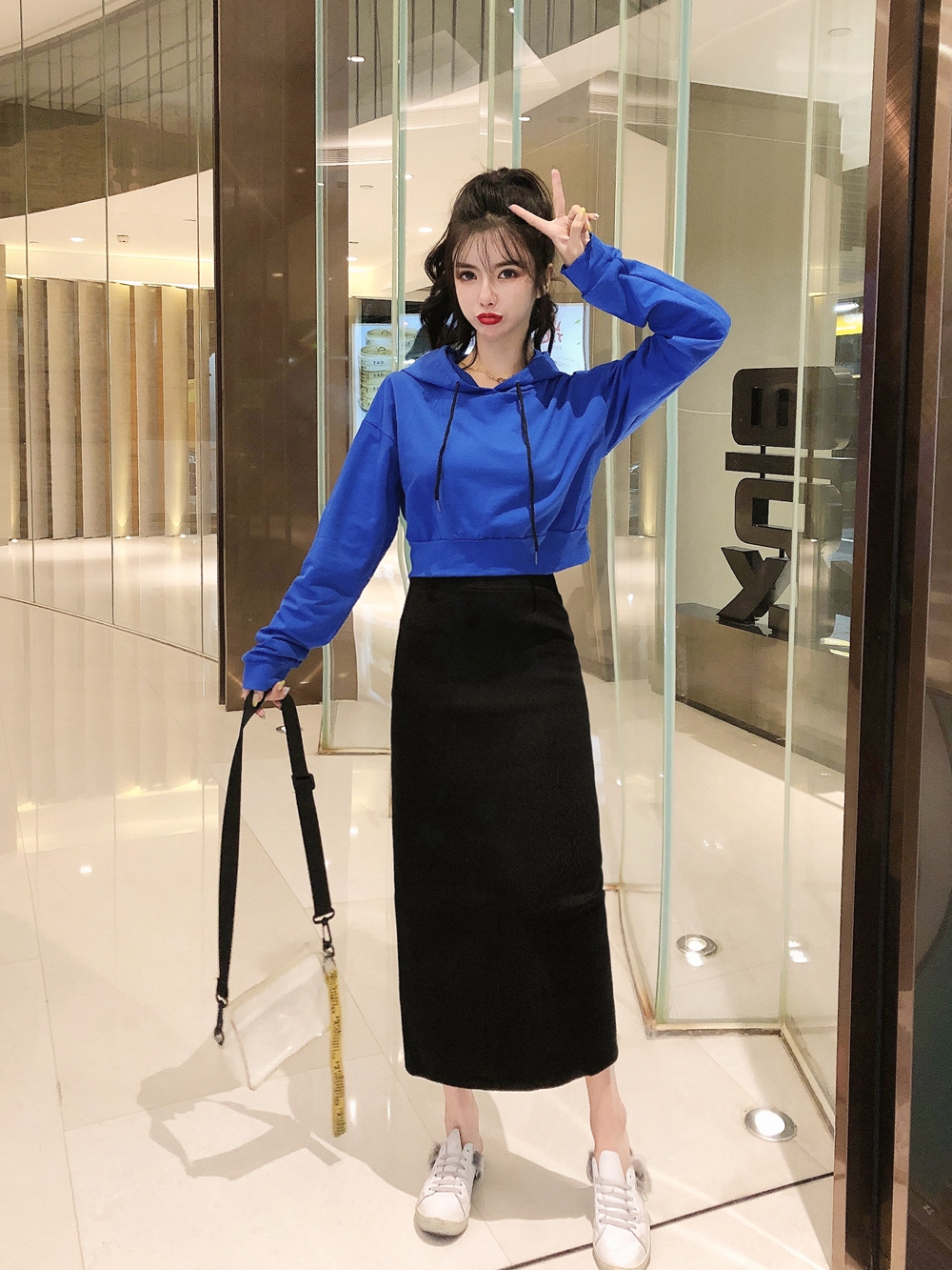 连帽卫衣配半身裙中长款2019秋季新款网红套装开叉包臀长裙两件套