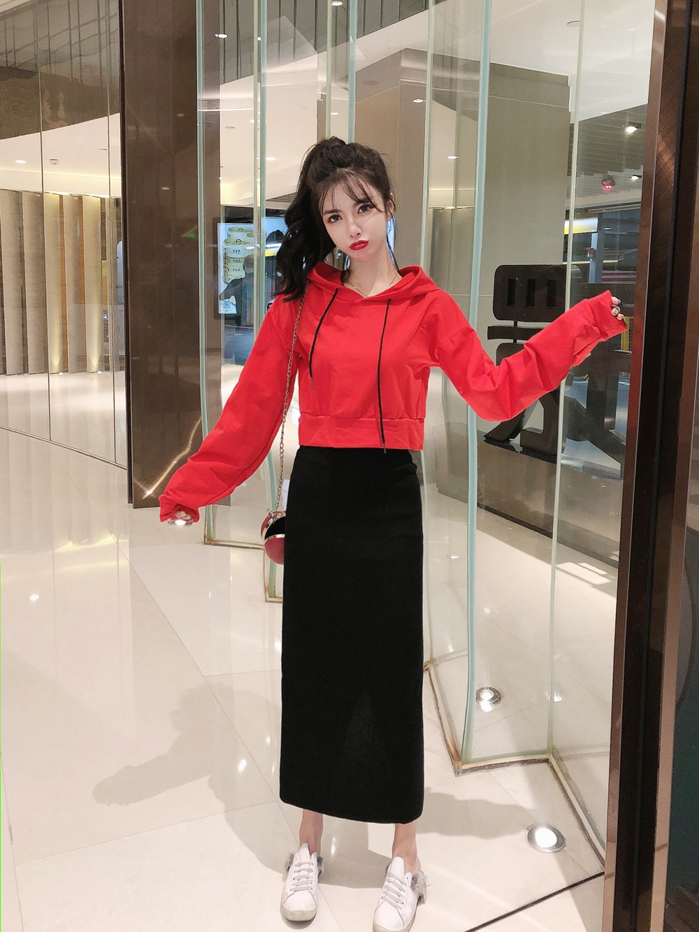 连帽卫衣配半身裙中长款2019秋季新款网红套装开叉包臀长裙两件套