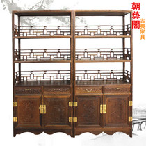 Red Wood Furniture Chicken Wings Wood Bookcase Display Rack With Cabinet Bookshelf Finely Carved Four Seasons Chinese Vintage Furniture