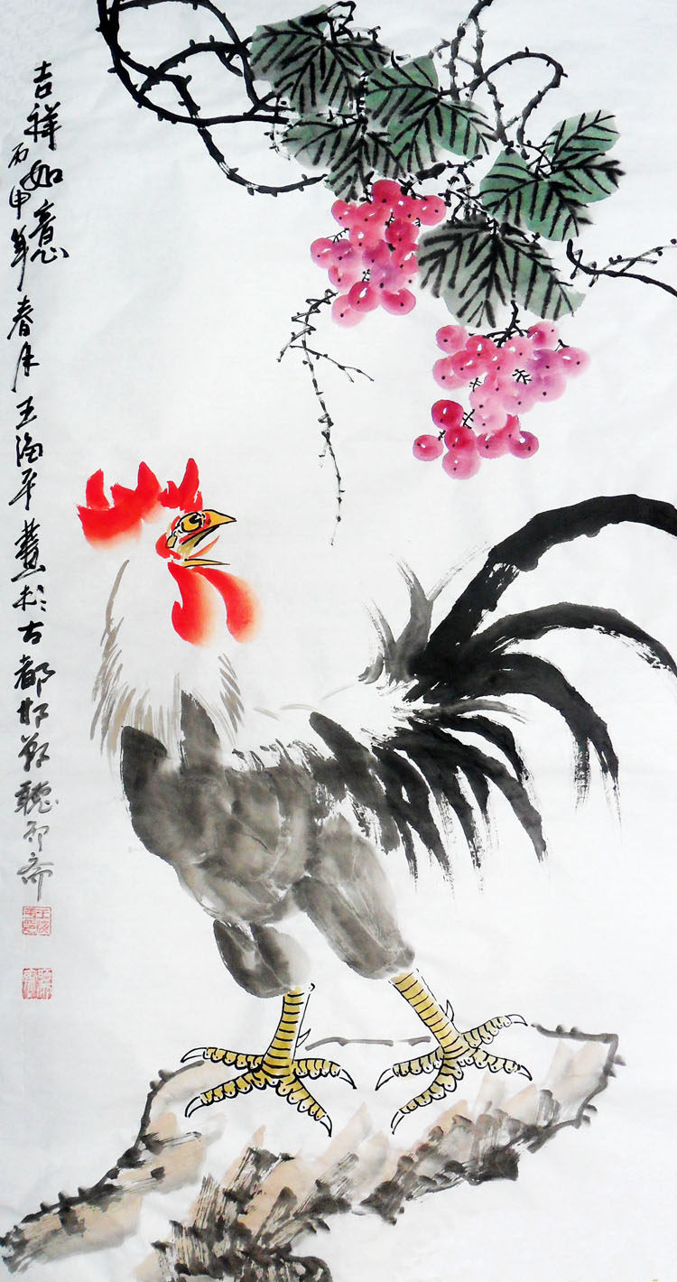 名家纯手绘国画葡萄公鸡四尺竖幅花鸟写意客厅未装裱装饰画大促销