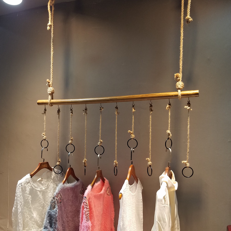 Clothing Store Rings Show Shelf Furnishing Shelving Wood Stick Hanging Suspended Ceiling Hanging Clothes Hanger Hemp Rope hanger