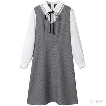 ຜະລິດຕະພັນໃຫມ່ທີ່ສູງທີ່ສຸດຂອງແມ່ຍິງຄົນອັບເດດ: lapel plaid patchwork shirt sleeves tie versatile fake two-piece dress 0.40