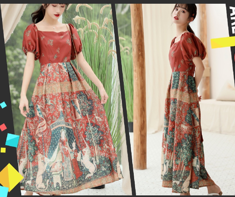 Su Qian và Mu Yan Váy công chúa phong cách châu Âu mùa hè retro cung điện thon gọn in hình váy lưng cao lưng cao - Váy eo cao