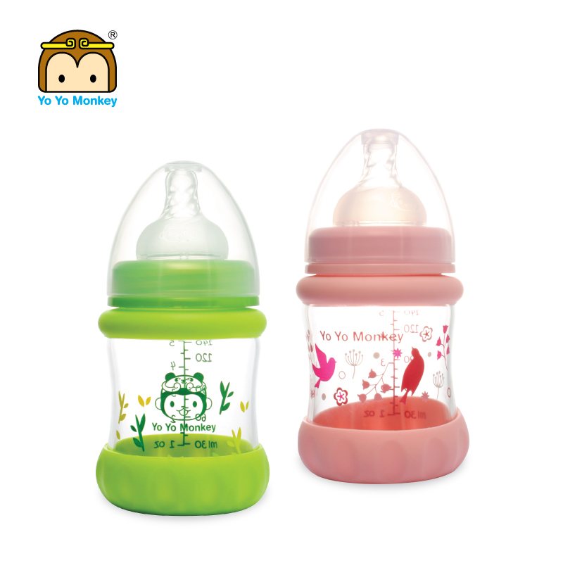 优优马骝防摔套防胀气宽口径婴儿玻璃奶瓶带手柄新生儿宝宝奶瓶产品展示图5