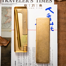 Saury brass stationery box hand-polished pen box traveler retro box Japanese high-end storage box
