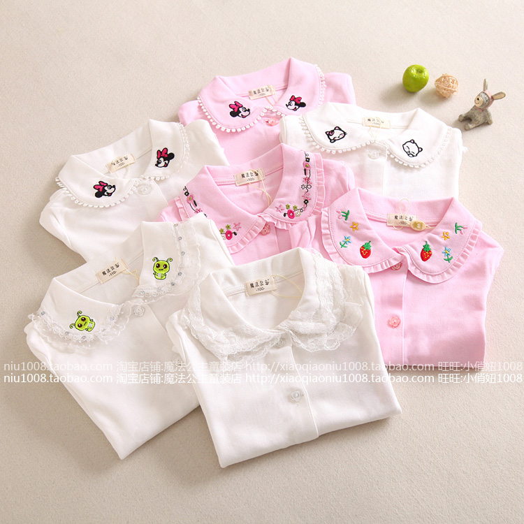 Girls' lapel bottoming shirt spring and autumn all-match doll collar lace Korean version baby white shirt 95-100cm high