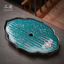 Japanese kiln becomes Lotus rhyme dry bubble plate Household coarse ceramic tea tray Small tea table water storage type drainage dual-use simple tea plate