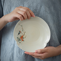 Three times ash hand-painted pot bearing dry bubble plate Ceramic small tea plate Dry bubble table Refreshment plate Raising pot pad Tea ceremony accessories