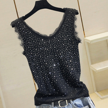 Heavy Industry Hot Diamond Knitted Vest Women's Bright Silk Short Lace Halter Shirt with Sleeveless Outer Wear Backing Top Summer Tide