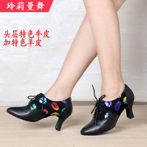 Bull Leather Ballroom Dancing Morden Dance Shoes Female Adults Heel Soft Bottom Outdoor Genuine Leather Square Dance Tangolumba Dance Shoes