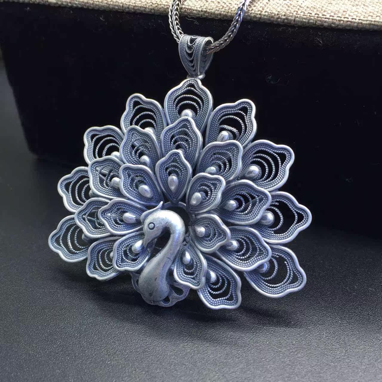 s925纯银花丝工艺女孔雀吊坠精湛工艺毛衣链买即送家人礼物包邮