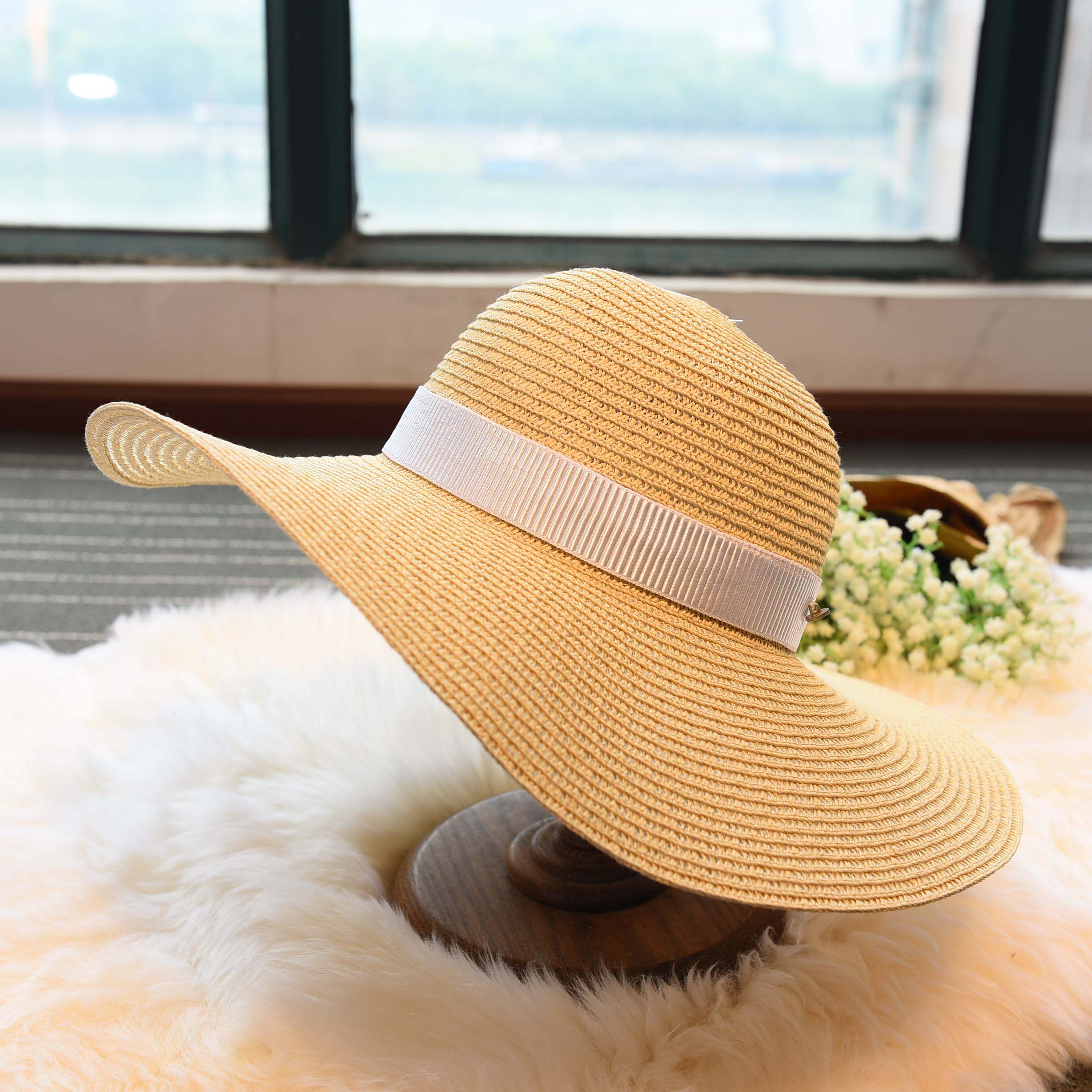  拼色缎带绸丝带草帽