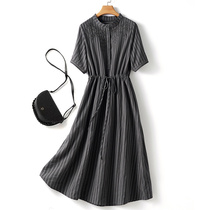 National style light luxury new Chinese style embroidered stand collar striped dress womens summer age-reducing western style lace-up slimming mid-length skirt