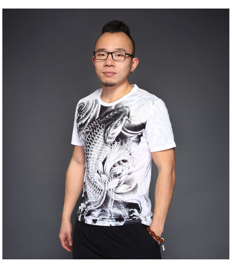 中国风复古印花短袖t恤夏季男装新款半袖鲤鱼纹身图案衣服
