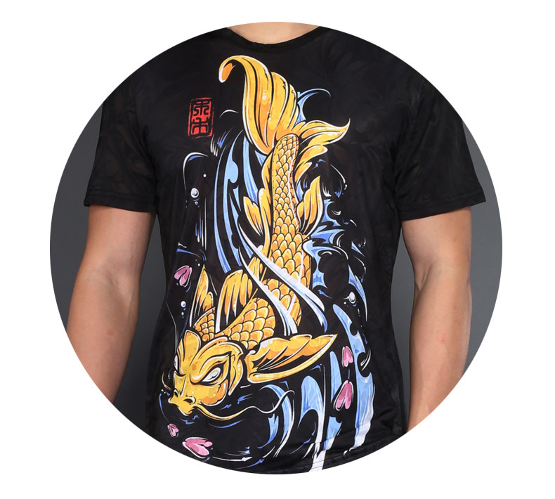 中国风复古印花短袖t恤夏季男装新款半袖鲤鱼纹身图案衣服