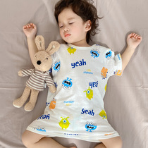 Children One-piece Dress Pyjamas Pure Cotton Summer Thin male and female short sleeves Nursing belly Sleeping Skirt Baby Home Air Conditioning Suit