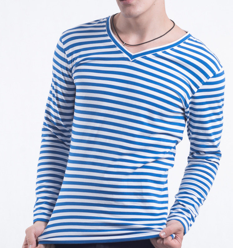 男装v领海军风蓝白条纹t恤男长袖打底衫 男士欧美风海魂衫t恤弹力