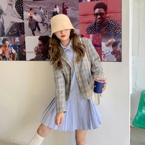 2021 spring and autumn new fashion Korean version of the long-sleeved shirt pleated dress plaid blazer women
